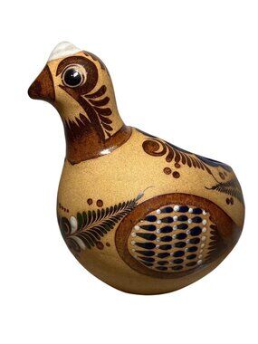 Mexican Folk Art Planter Clay Bird Quail Peacock Planter Tonala Style Large 11"